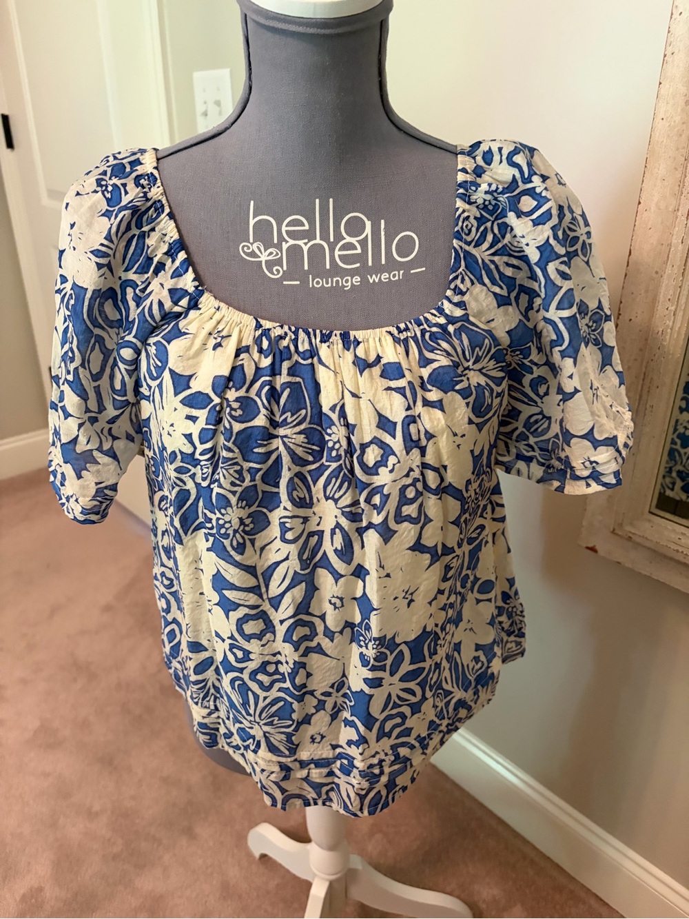 Greylin Blue and Cream Floral Scoop-Neck Blouse